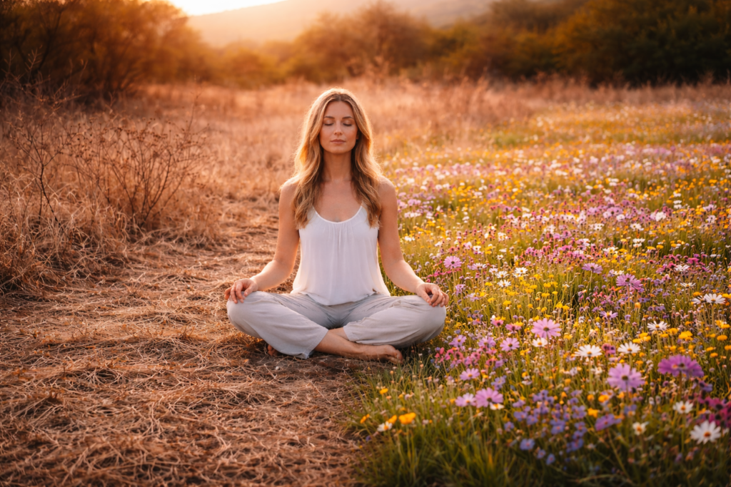 Nő ül meditálva egy mezőn, ahol a száraz rét és a virágzó mező találkozik – a hit és belső átalakulás szimbóluma.